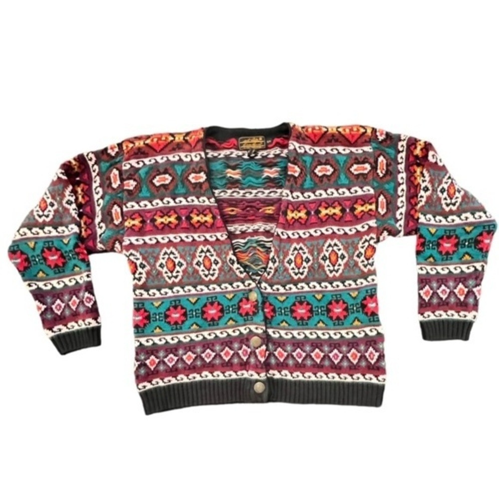 Eddie Bauer Multicolor Patterned Knit Cardigan - Teal, Burgundy, Pink, Gray